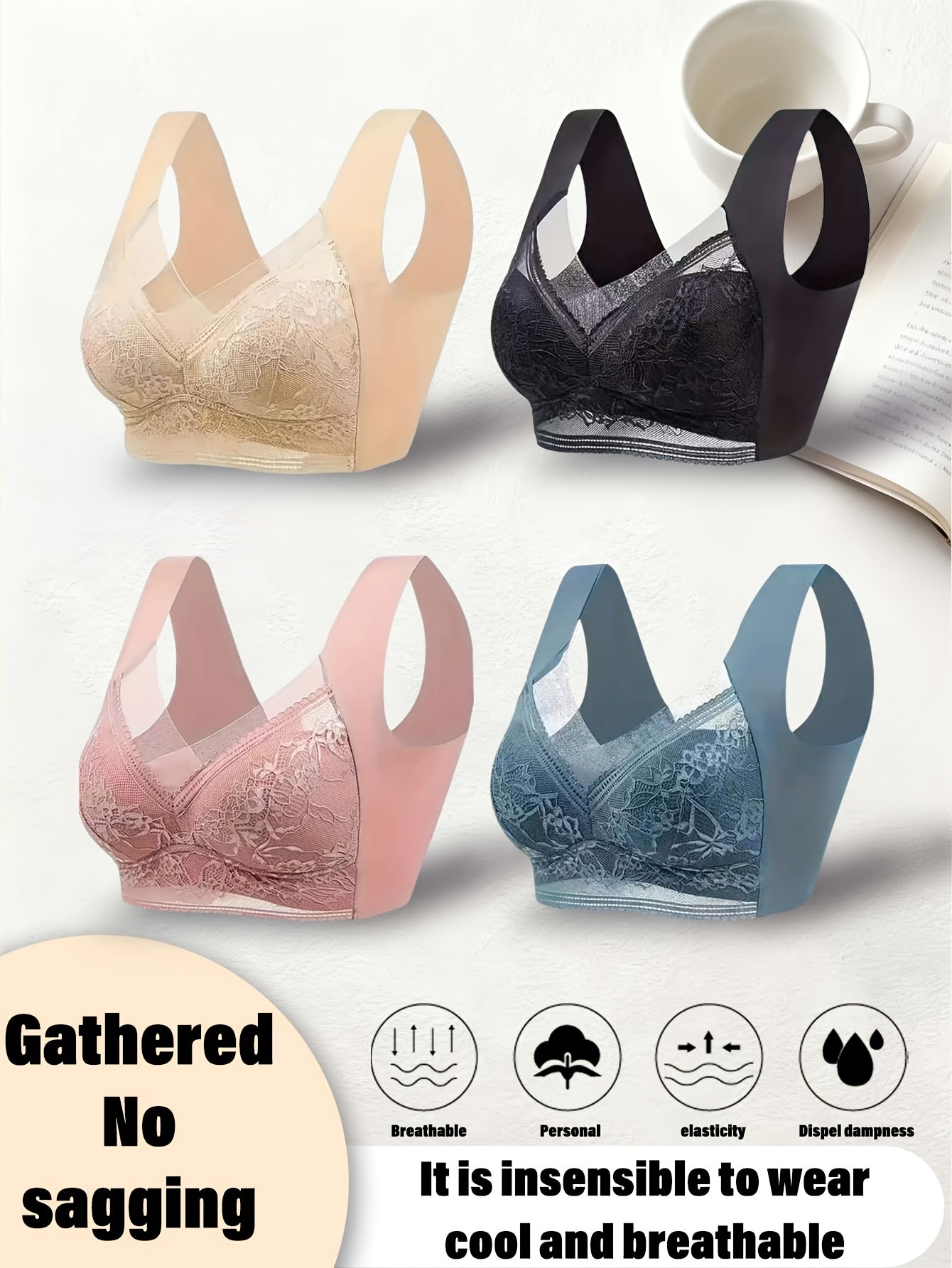 4-Pack Women's Lace Sports Bra Vest – Ice Silk Traceless Bralette with Beautiful Lace Back, Fixed Cup Support for Large Chest, Breathable Gathered Design, Sizes S-XXL