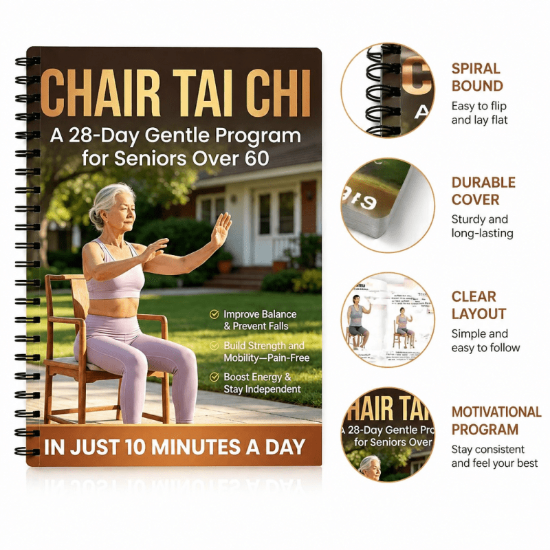 Chair Tai Chi Book for Seniors Over 60 28-Day Gentle Program Spiral-Bound Seated Exercise Guide Balance Strength Mobility Low-Impact Fitness