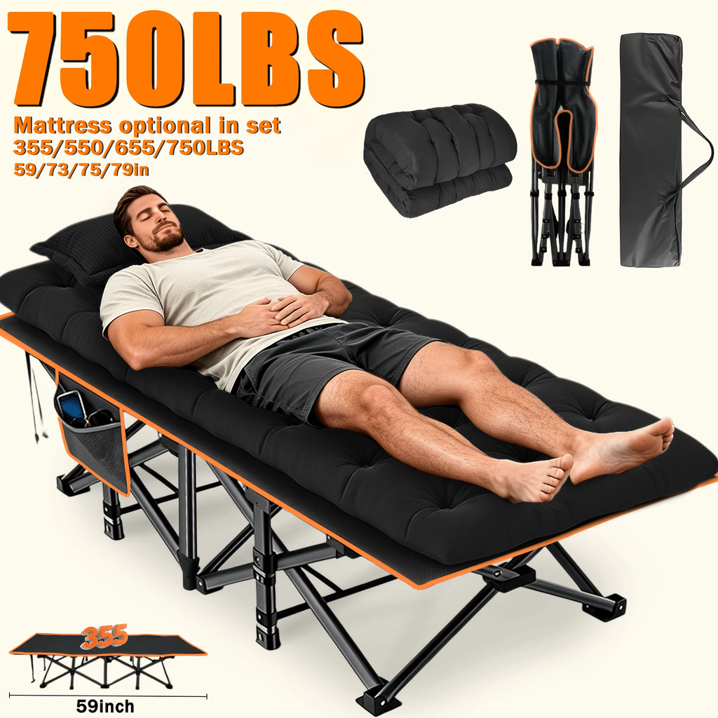 Extra Large Folding Camping Cot Bed with Mattress Option – Heavy Duty 355–750 lbs Capacity Portable Guest Bed for Adults – Foldable Sleeping Cot for Camping Travel Indoor Outdoor Use 59–77 Inch