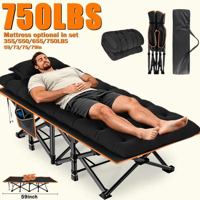 Extra Large Folding Camping Cot Bed with Mattress Option – Heavy Duty 355–750 lbs Capacity Portable Guest Bed for Adults – Foldable Sleeping Cot for Camping Travel Indoor Outdoor Use 59–77 Inch