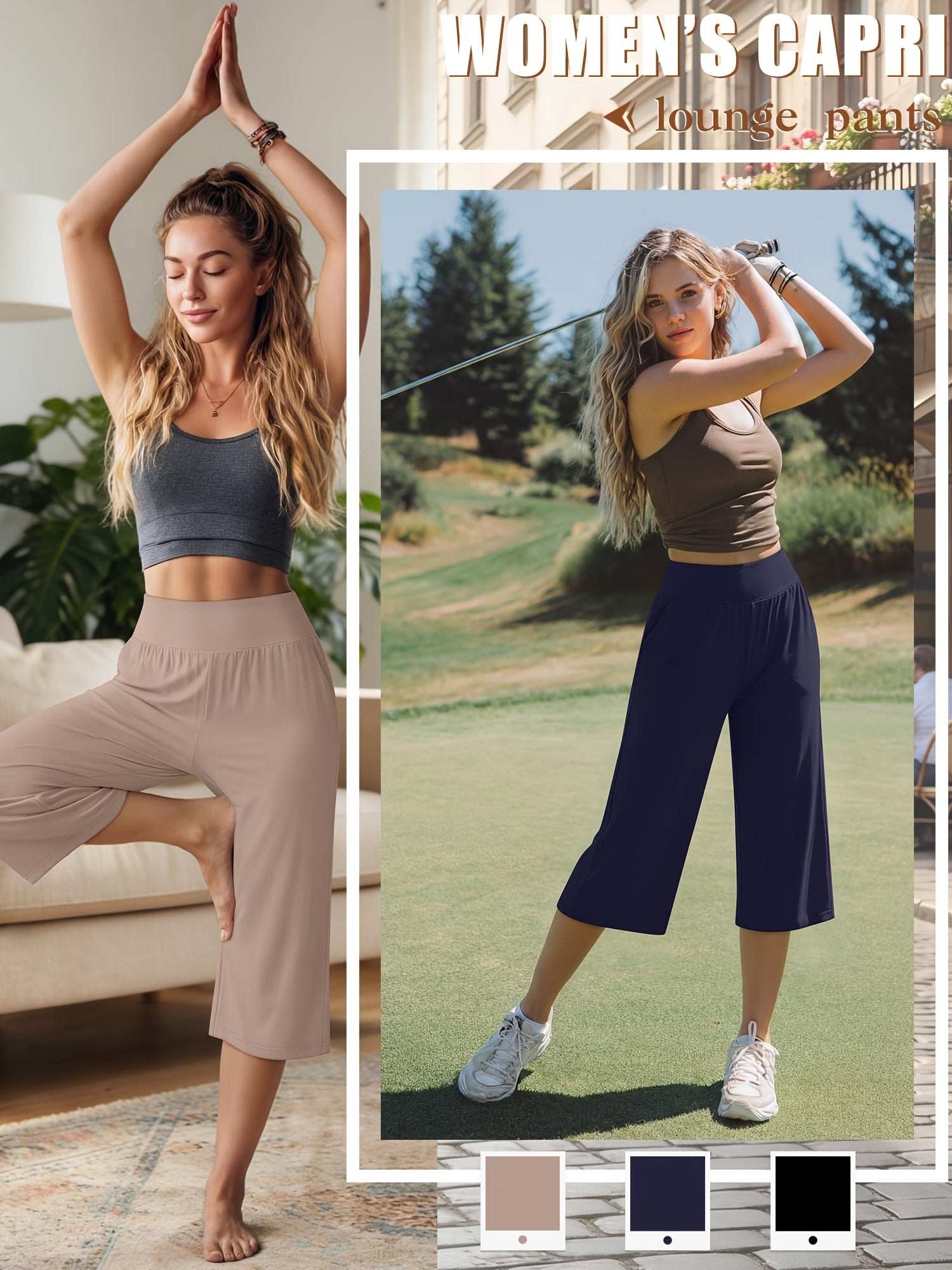 Women's Capri Pants 3 Pack Loose Lounge Joggers Yoga Cropped Sweatpants with Pockets – Elastic Waist Casual Spring Summer Fall