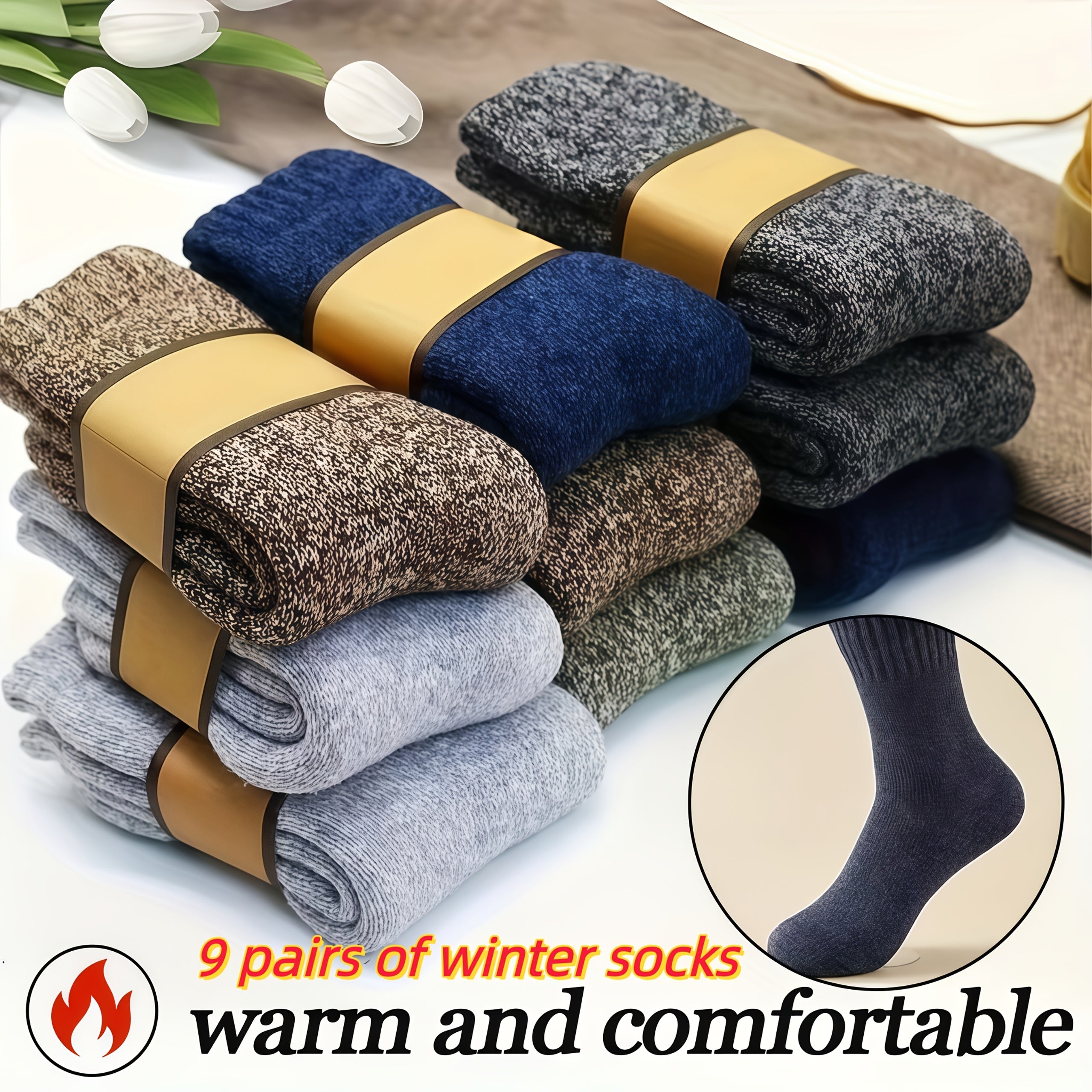 9-Pack Winter Thick Warm Socks – Super Soft Knit Thermal Crew Socks for Men & Women, Retro Solid Color Cozy Cold Weather Socks, Machine Washable (One Size)
