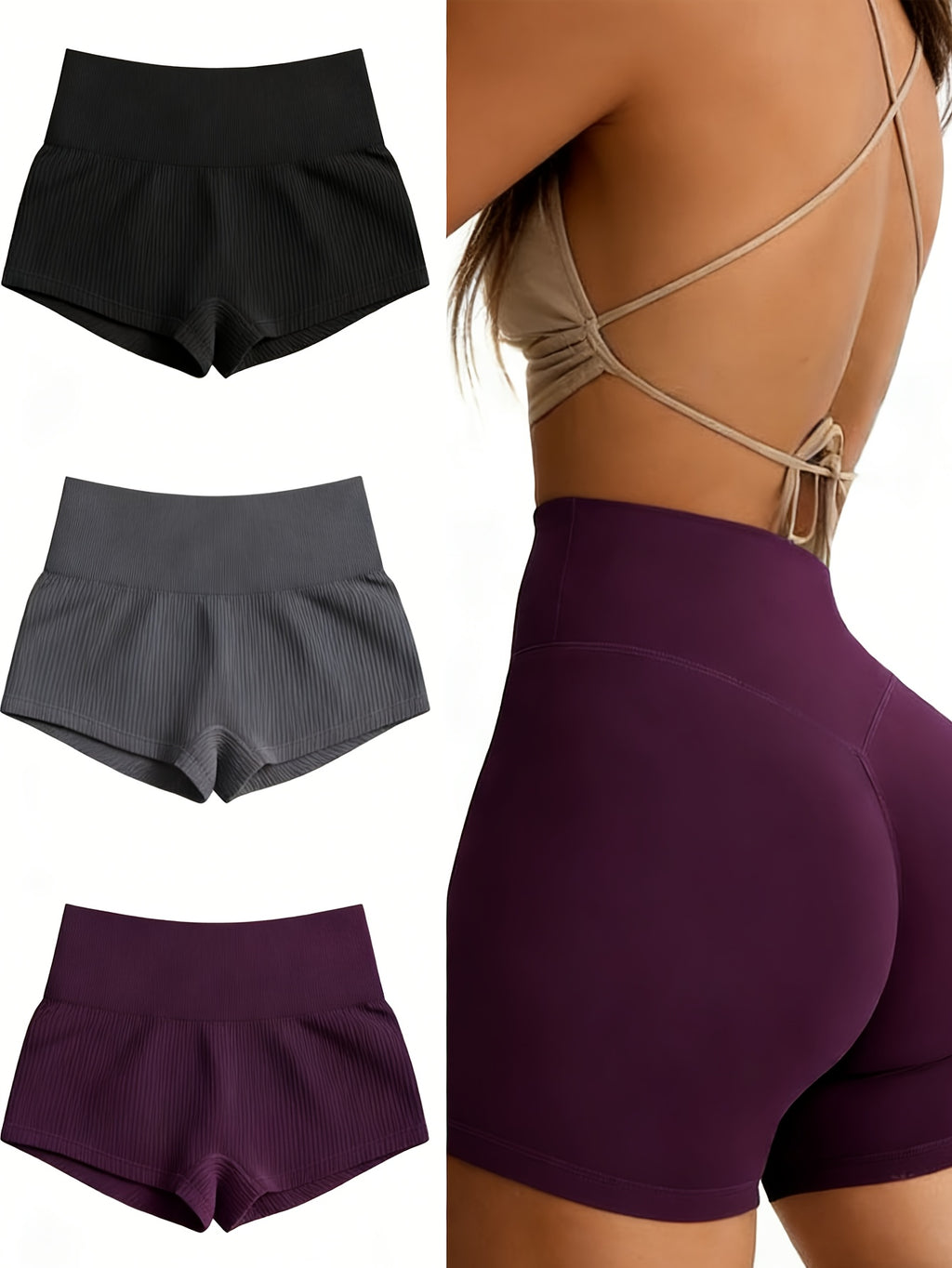 3-Pack Women's High-Waist Seamless Yoga Shorts High-Stretch Nylon Workout Running Shorts for Gym Fitness Sports S-XL Black Gray Purple Blue Coffee