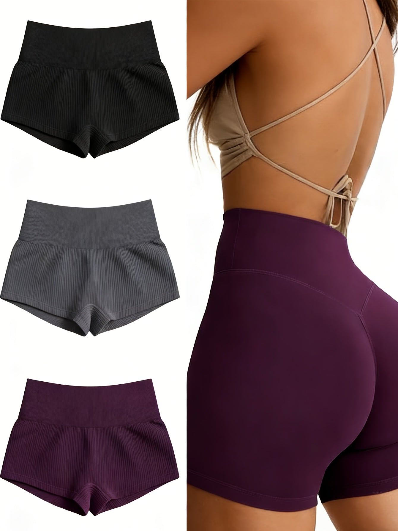3-Pack Women's High-Waist Seamless Yoga Shorts High-Stretch Nylon Workout Running Shorts for Gym Fitness Sports S-XL Black Gray Purple Blue Coffee