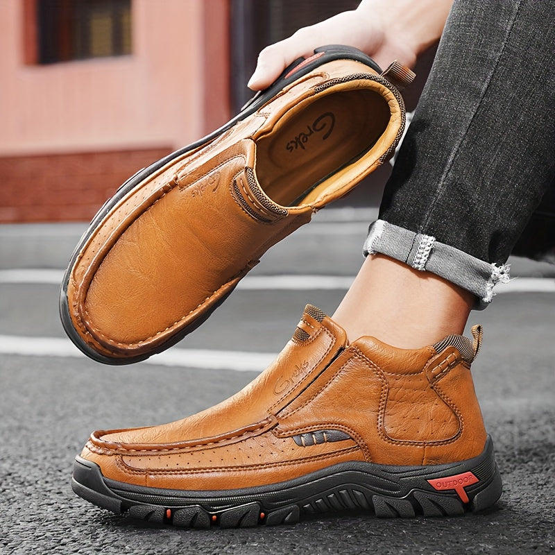 Men’s Slip-On Ankle Boots – Hand-Stitched Moccasin Chukka Non-Slip Outdoor Hiking & Driving Loafers | Black, Khaki, Brown | US 3.5–12.5