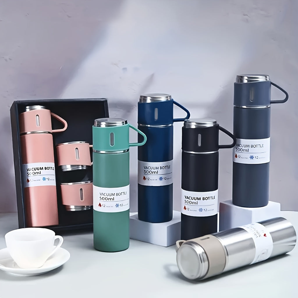 Stainless Steel Water Bottle & Cups Gift Set 4pcs - 1L Bottle + 3 Small Cups, Triple Lids for Hot & Cold Drinks, 304 Food-Grade Steel for Camping, Office & Travel (5 Colors)