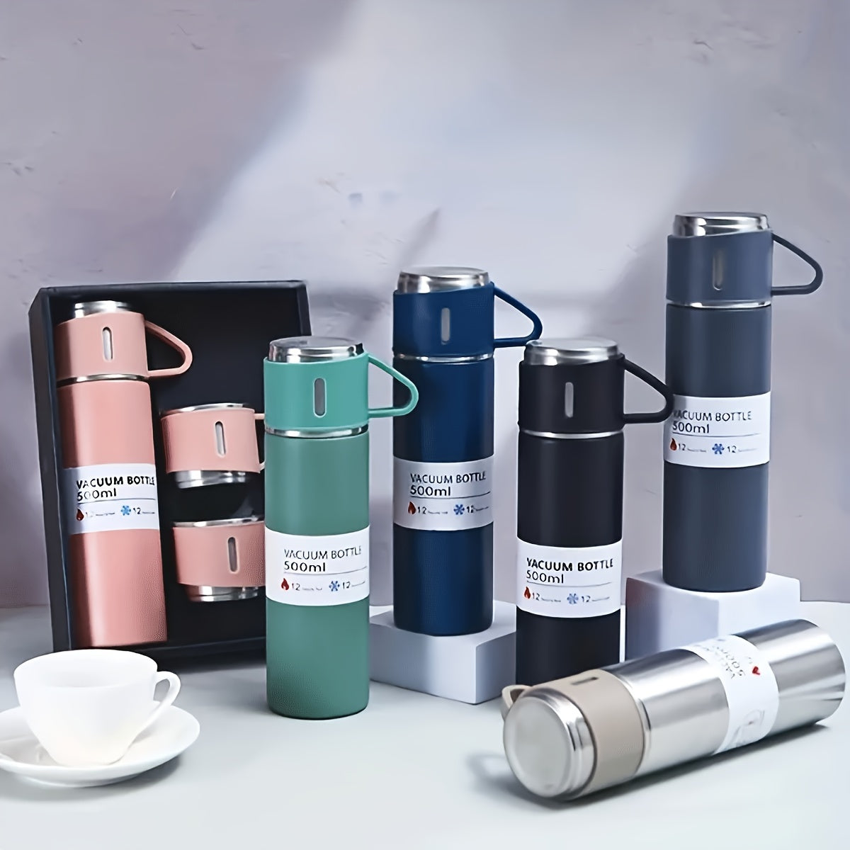 Stainless Steel Water Bottle & Cups Gift Set 4pcs - 1L Bottle + 3 Small Cups, Triple Lids for Hot & Cold Drinks, 304 Food-Grade Steel for Camping, Office & Travel (5 Colors)