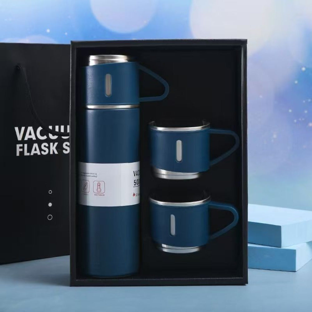 Stainless Steel Water Bottle & Cups Gift Set 4pcs - 1L Bottle + 3 Small Cups, Triple Lids for Hot & Cold Drinks, 304 Food-Grade Steel for Camping, Office & Travel (5 Colors)