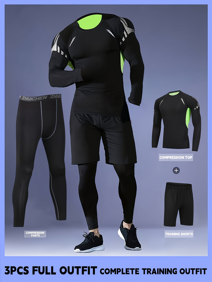 Men's 3-Piece Compression Sports Suit Quick-Dry – Moisture-Wicking Gym Running Training Outfit, High Elastic Breathable Activewear for Cycling Hiking Fitness, Grey & Fluorescent Green, S-XXL
