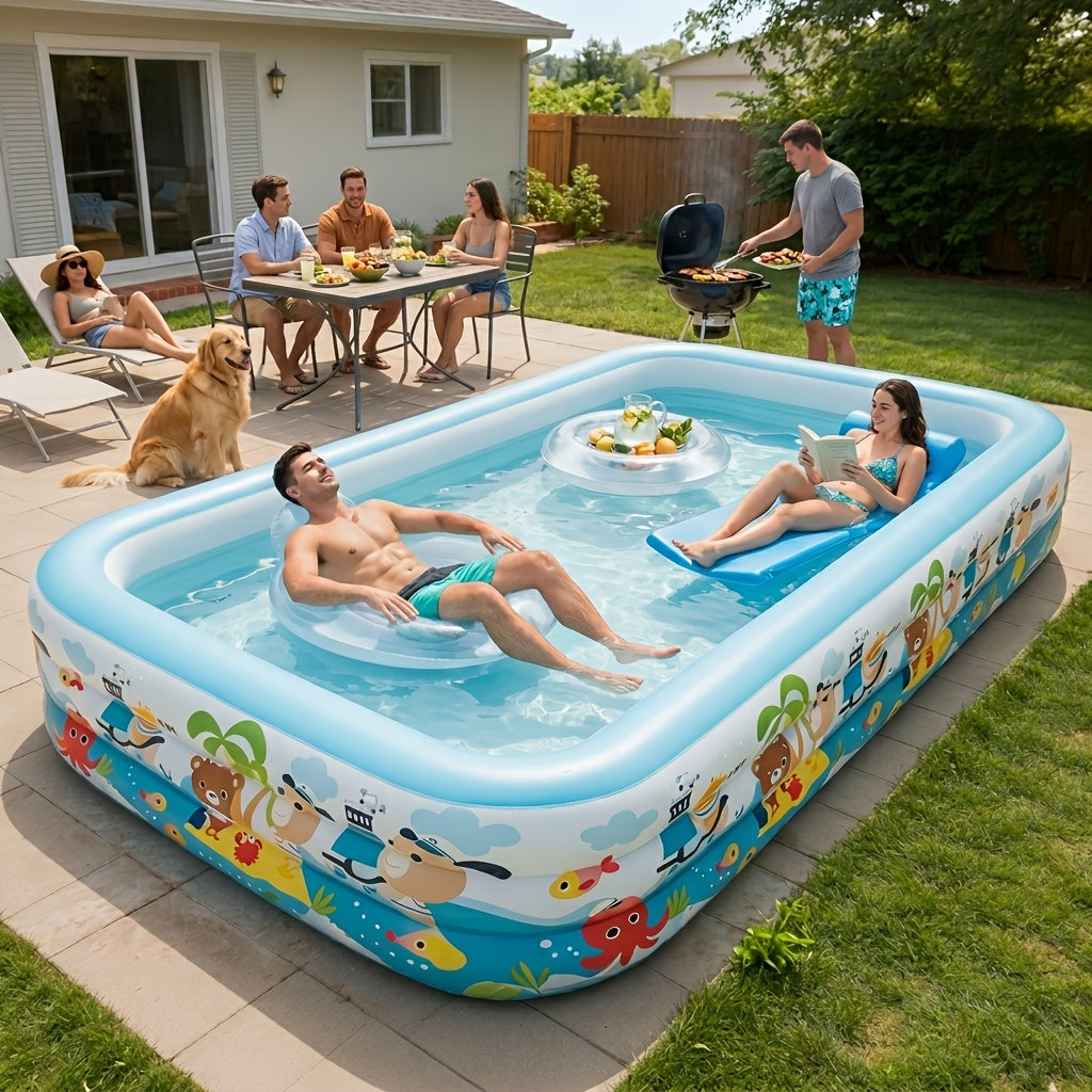 Extra Large Rectangular Inflatable Swimming Pool for Family, Thickened PVC Wear-Resistant Leak-Proof Backyard Pool for 1-6 People, Easy Setup Above Ground Pool for Garden Outdoor Summer Fun