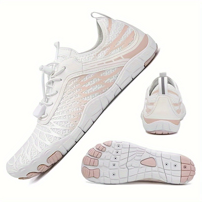 Women's Water Shoes Quick-Dry Aqua Sneakers – Lightweight Breathable Mesh Lace-Up Beach Wading Shoes, Rubber Sole, Striped, Black White Pink, US 6-11