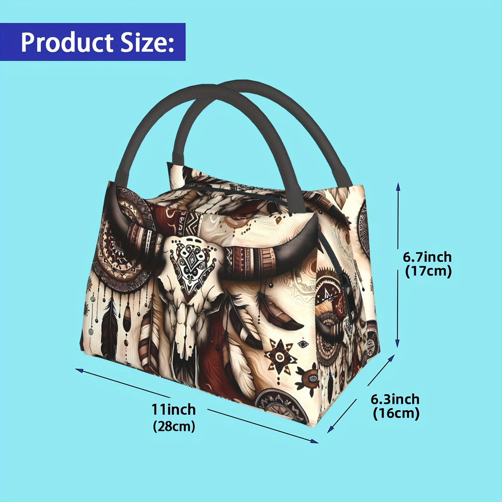 Western Cowboy Insulated Lunch Bag - Cowhide Feather Floral Cooler Tote for Women, Reusable Lunch Box for Camping Beach Office Home, Birthday Holiday Gift