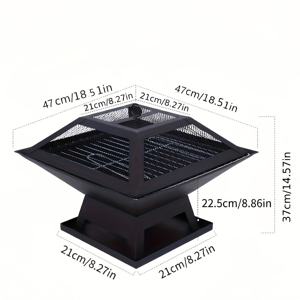18.5 Inch Outdoor Fire Pit Heavy Duty Iron BBQ Grill with Combustion Grate, Ash Collector, Fireproof Cover & Charcoal Hook - Backyard Wood Burning Fire Bowl for Camping, Picnics, Patio, Thanksgiving