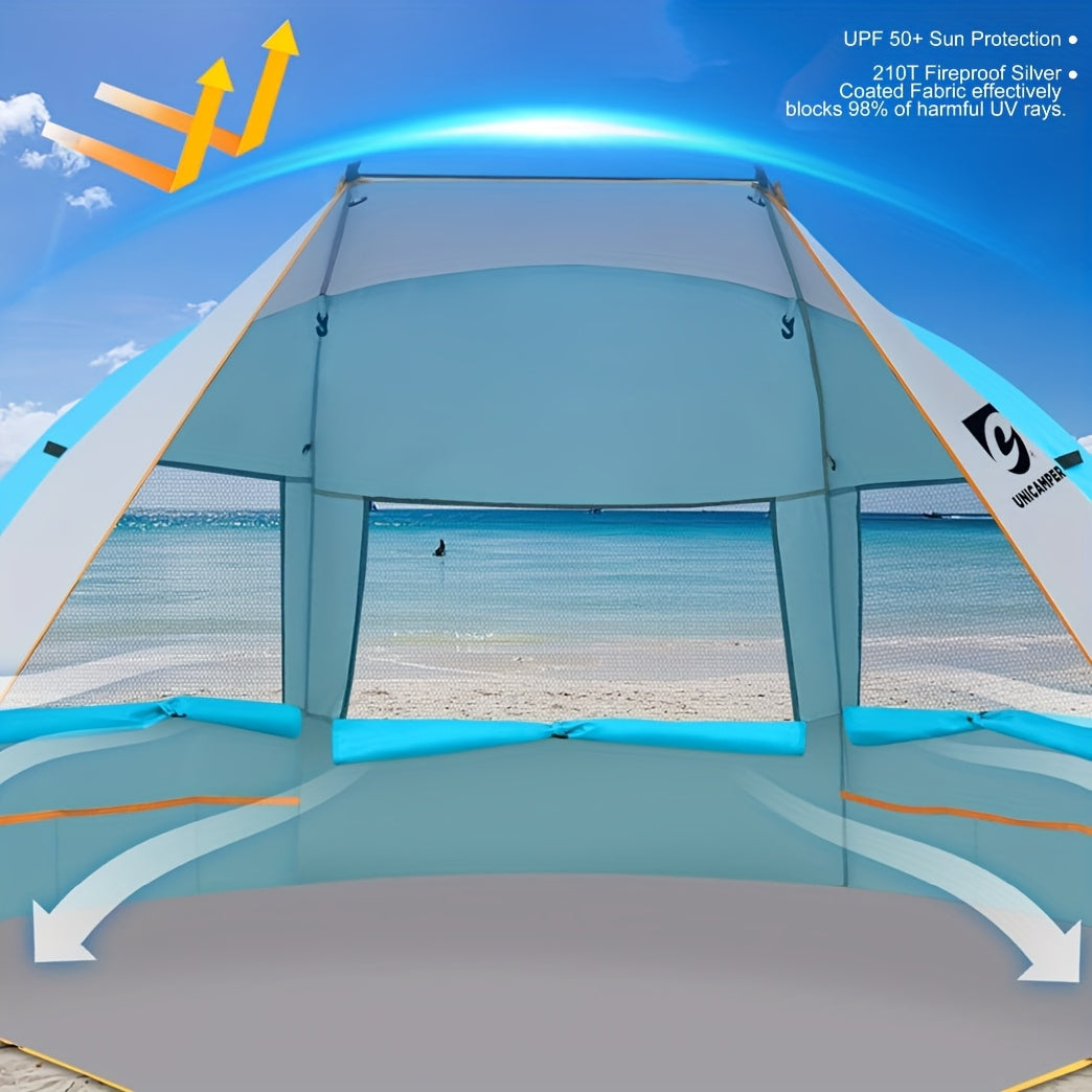 Beach Tent 3 Person UPF 50+ Sun Shelter with Waterproof PE Floor & Mesh Windows – Portable Pop Up Shade Canopy for Camping Fishing Yard