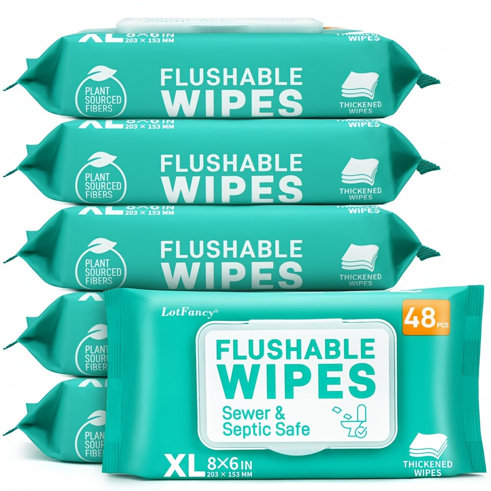 Flushable Wet Wipes Extra Large – Thickened Plant-Based Butt Wipes, Alcohol-Free, Hypoallergenic, Septic Safe, 48 Count Per Pack | Baby, Feminine, Incontinence & Travel Personal Care Wipes
