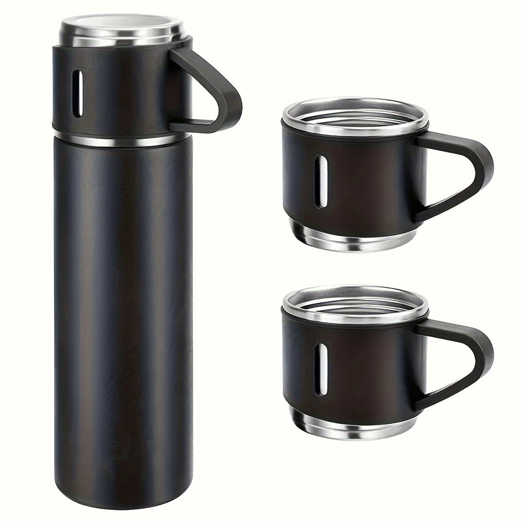 Stainless Steel Cup Set 4 Piece – 500ml Insulated Water Bottle with 3 Small Cups & 3 Lids Hot Cold Drinks Travel Tumbler Gift Set for Office School Outdoor