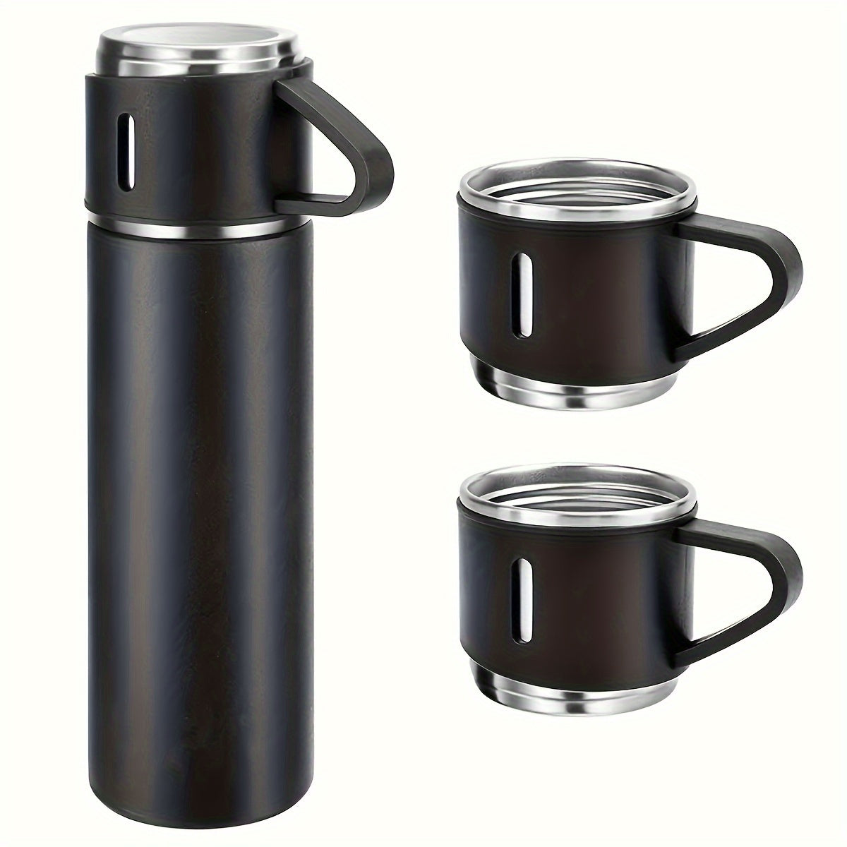 Stainless Steel Cup Set 4 Piece – 500ml Insulated Water Bottle with 3 Small Cups & 3 Lids Hot Cold Drinks Travel Tumbler Gift Set for Office School Outdoor