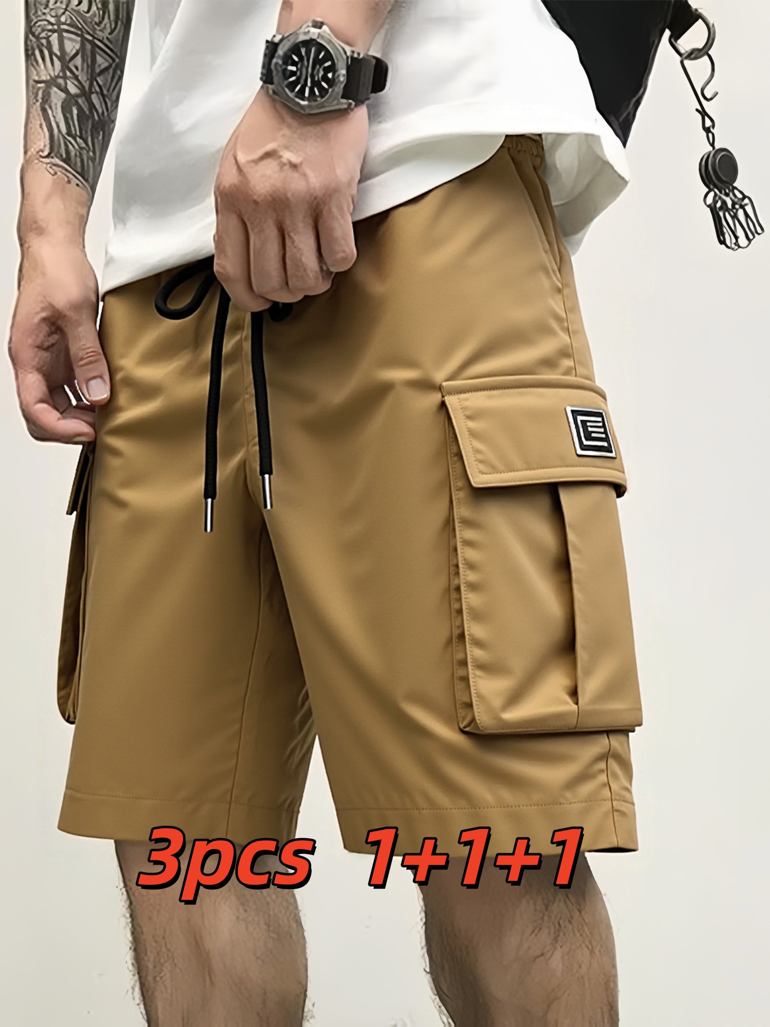 Men's Cargo Shorts 3-Pack Multi-Pocket Bermuda – Elastic Waist Drawstring Loose Knee-Length, Lightweight Breathable Outdoor Shorts for Camping Hiking Jogging Street Lounge S-XXXL