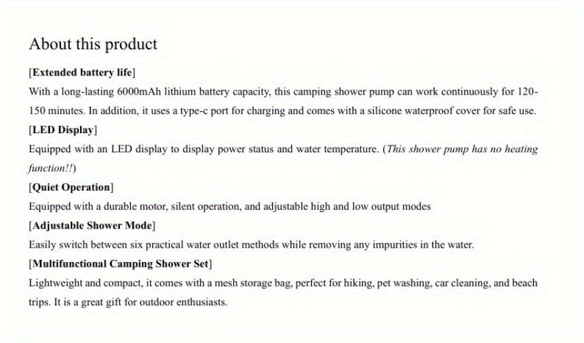 Portable Camping Shower Pump 6000mAh Rechargeable, IPX7 Waterproof Outdoor Shower with LED Display Multiple Modes 120 Min Runtime, Handheld Camp Shower for Hiking Pet Washing Car Beach Travel