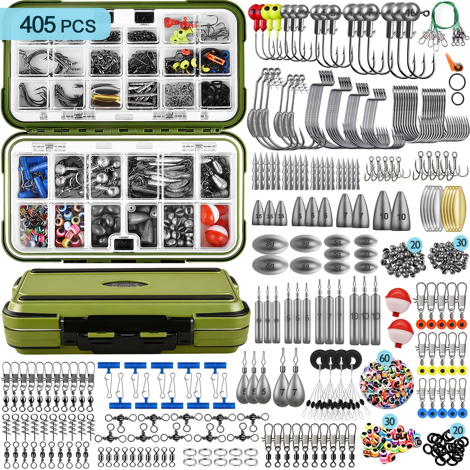 Fishing Tackle Kit 132 204 305 405pcs Complete Tackle Box with Hooks Weights Sinkers Spinner Blades Fishing Accessories for Bass Trout Bluegill Crappie Freshwater Fishing Gear Set