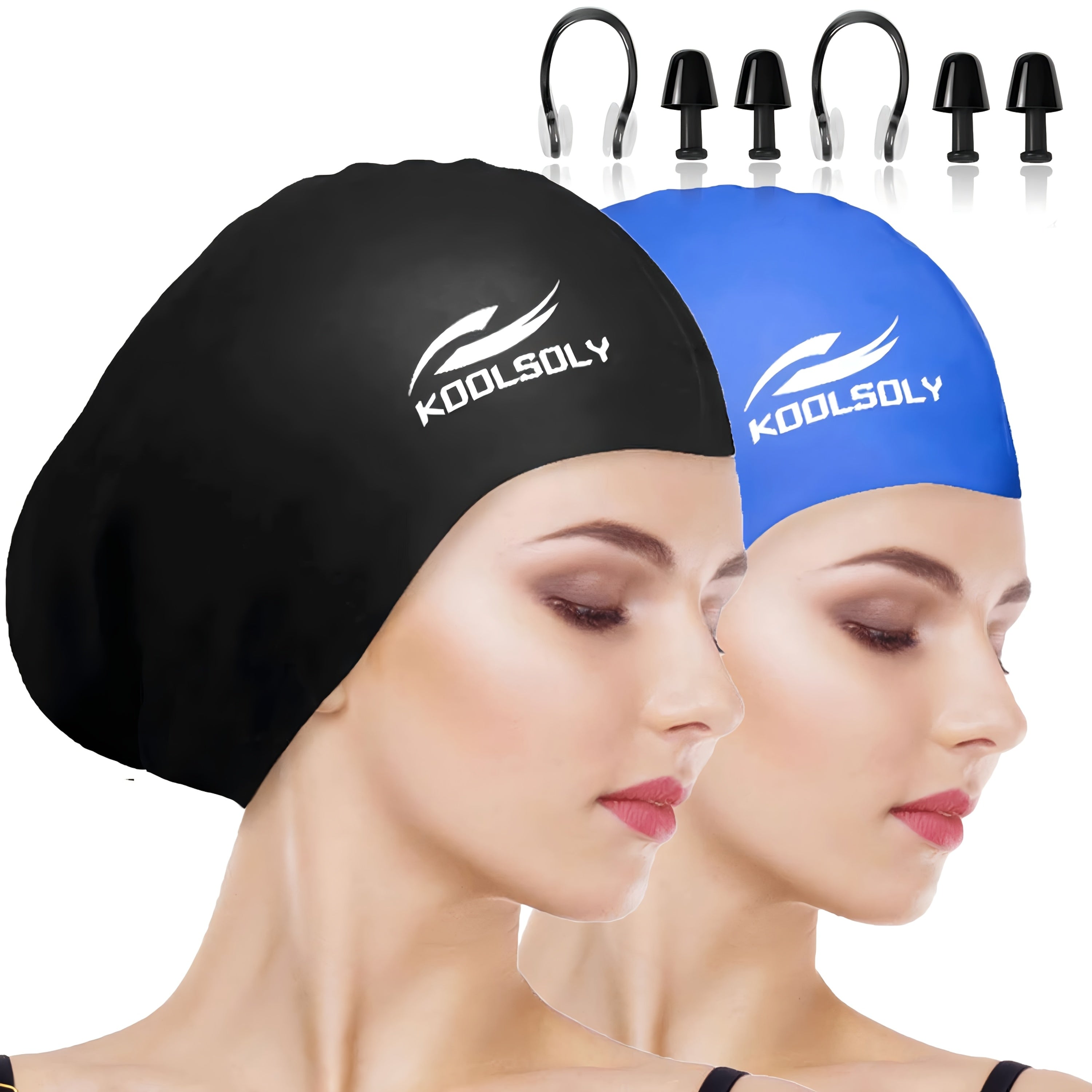 Silicone Swimming Cap 2-Pack with Ear Protection for Long Hair – Includes Earplugs & Nose Clip – Waterproof Swim Cap Set for Women Men Adults Pool Beach Lap Swimming Multiple Color Combos