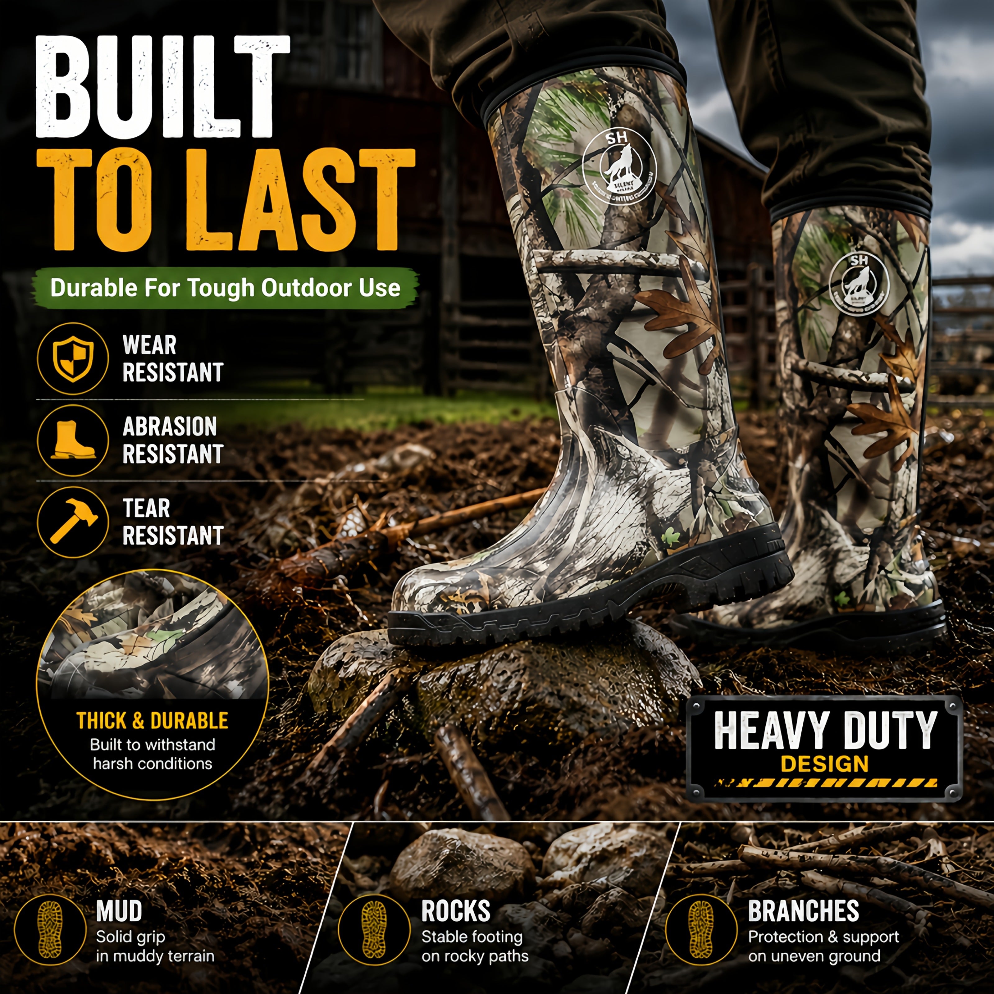 Men's 6mm Neoprene Insulated Hunting Boots – Waterproof Camouflage Rubber Boots with Non-Slip Sole, Slip-On Outdoor Boots for Duck Hunting Fishing Hiking Farming, Sizes US 8-14