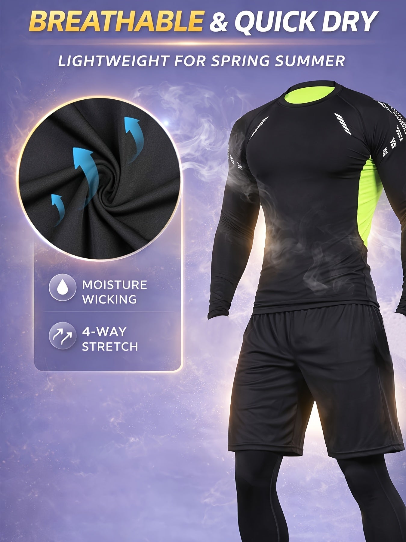 Men's 3-Piece Compression Sports Suit Quick-Dry – Moisture-Wicking Gym Running Training Outfit, High Elastic Breathable Activewear for Cycling Hiking Fitness, Grey & Fluorescent Green, S-XXL
