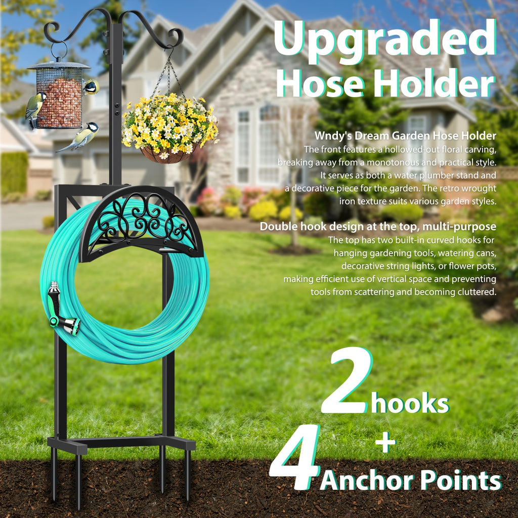 Heavy Duty Metal Garden Hose Holder Freestanding Outdoor Hose Rack Rustproof Ground Stakes for Yard Lawn Patio Garden Backyard
