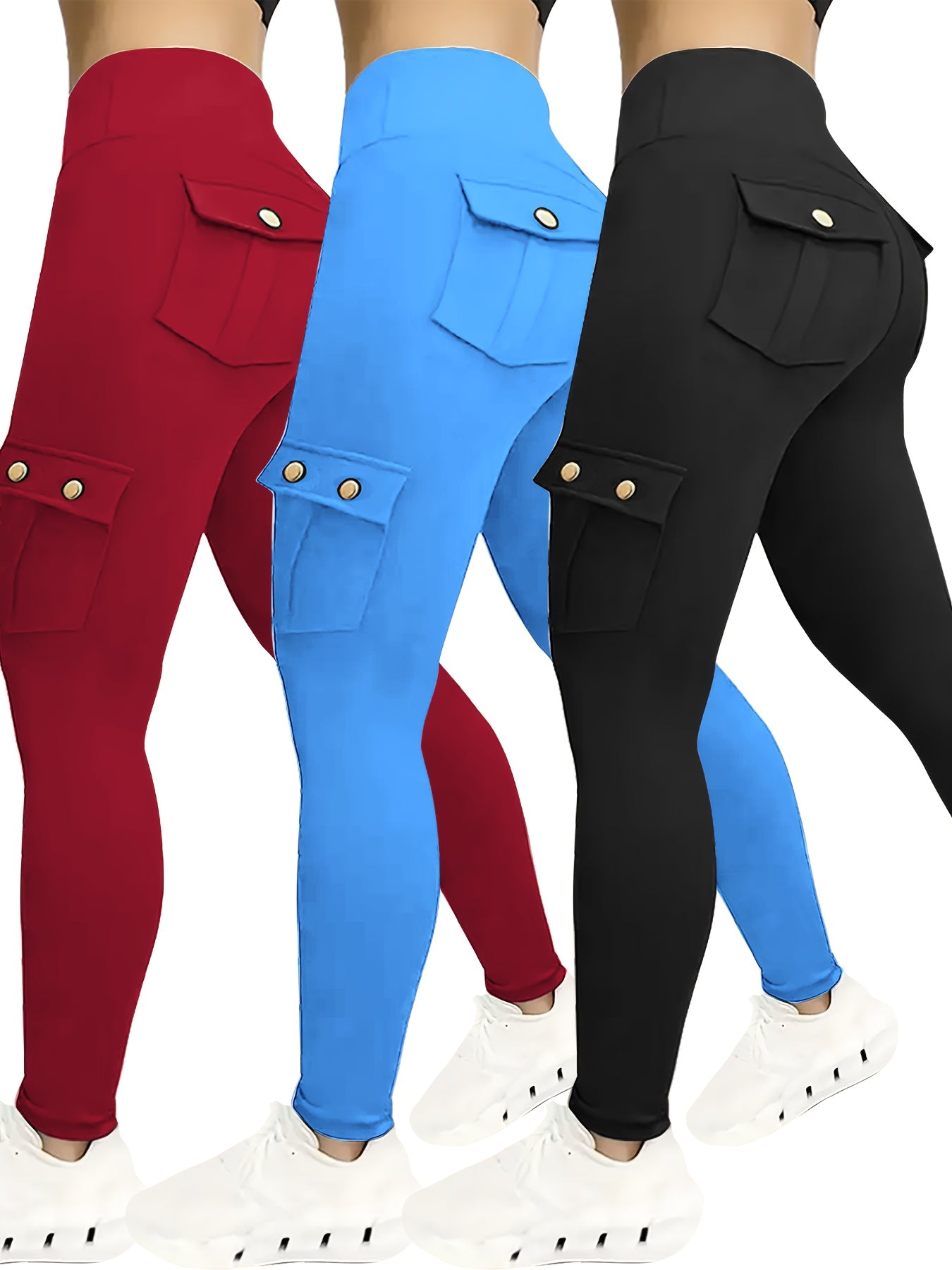 Women's Compression Leggings 3-Pack High Waisted with Flap Pockets Button Design All-Season Elastic Running Yoga Gym Sports Leggings Black Blue Gray Pink Red M-XXL