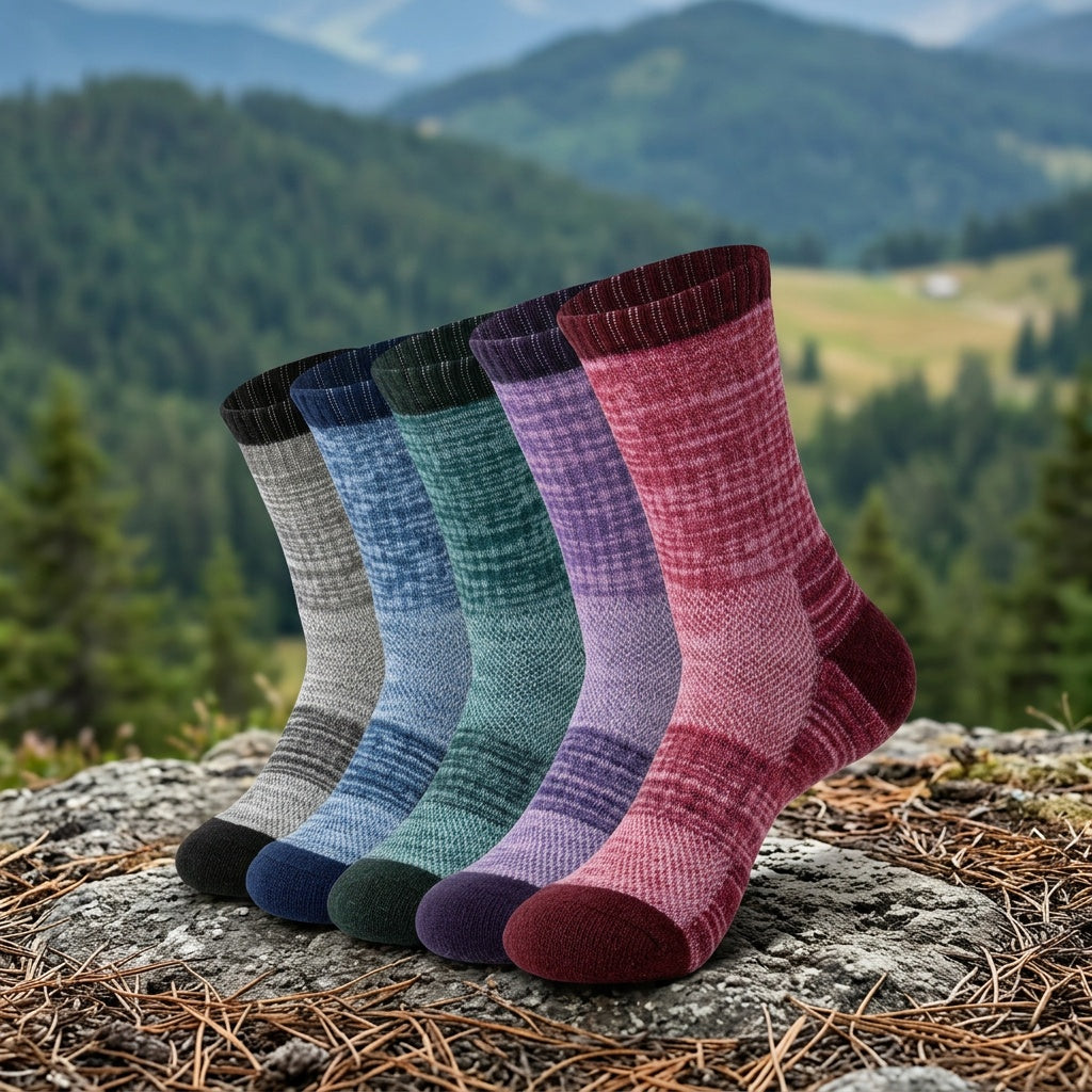 Merino Wool Hiking Socks 5 Pairs Men & Women – Compression Support, Thick Cushion, Sweat-Wicking & Breathable – Sizes M & L – Multicolor, Dark & Earth Tones – Outdoor Trail & Cold Weather Sock Gift Set