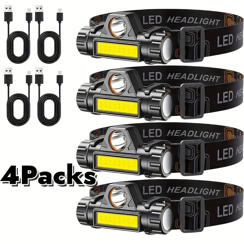 COB LED Headlamp 4-Pack Rechargeable USB 500mAh Magnetic Base Super Bright Long Range Hard Hat Clip Hands-Free for Camping Hiking Fishing Cycling Tactical