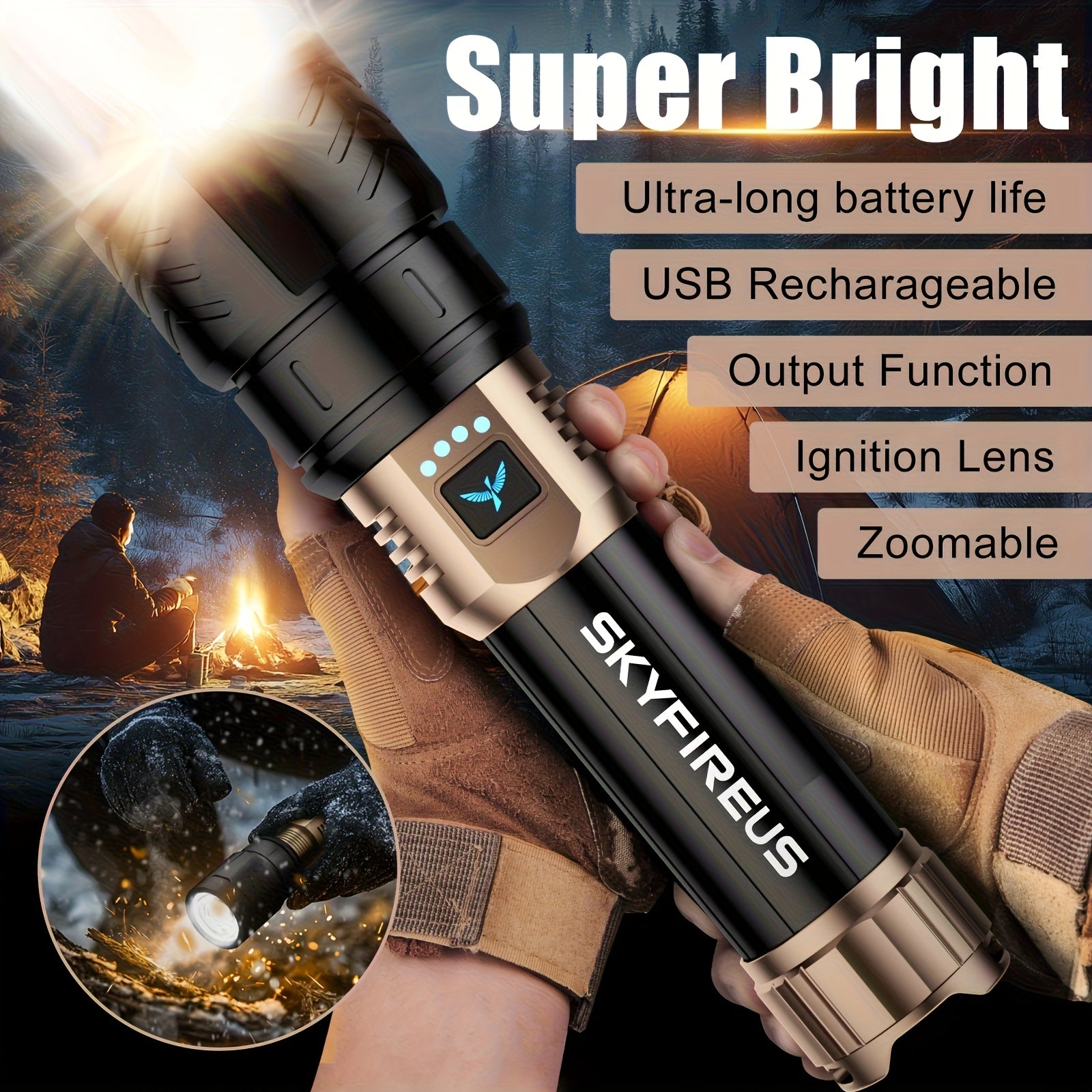 LED Flashlight 5000+ Lumen Super Bright Rechargeable with Ignition Lens Adjustable Focus 4 Modes for Camping Outdoor Farm Emergency Family Use