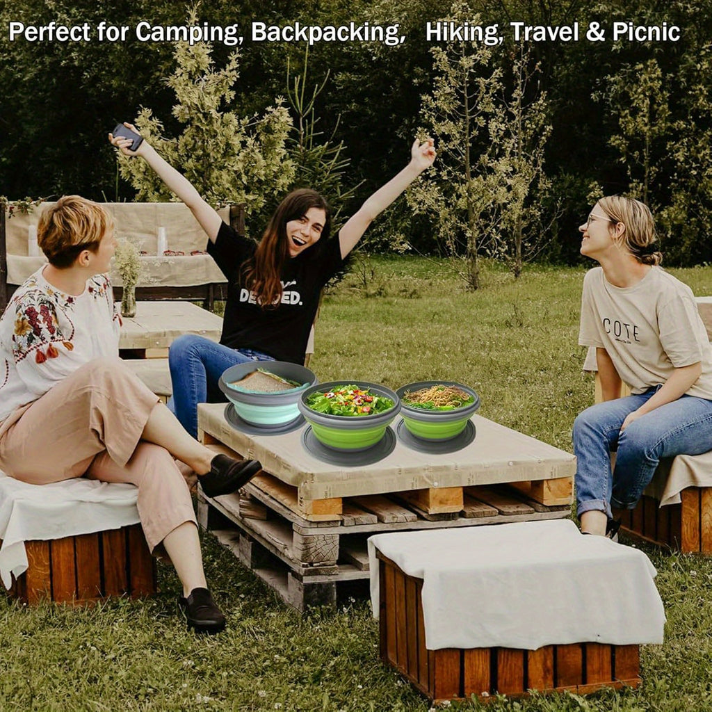 Foldable Camping Bowls with Lids 3-Pack – Collapsible Silicone Food Containers, Rust-Proof PP, Folding Utensils & Storage Bag Included | Stackable Camp Kitchen Bowls | Blue & Pink