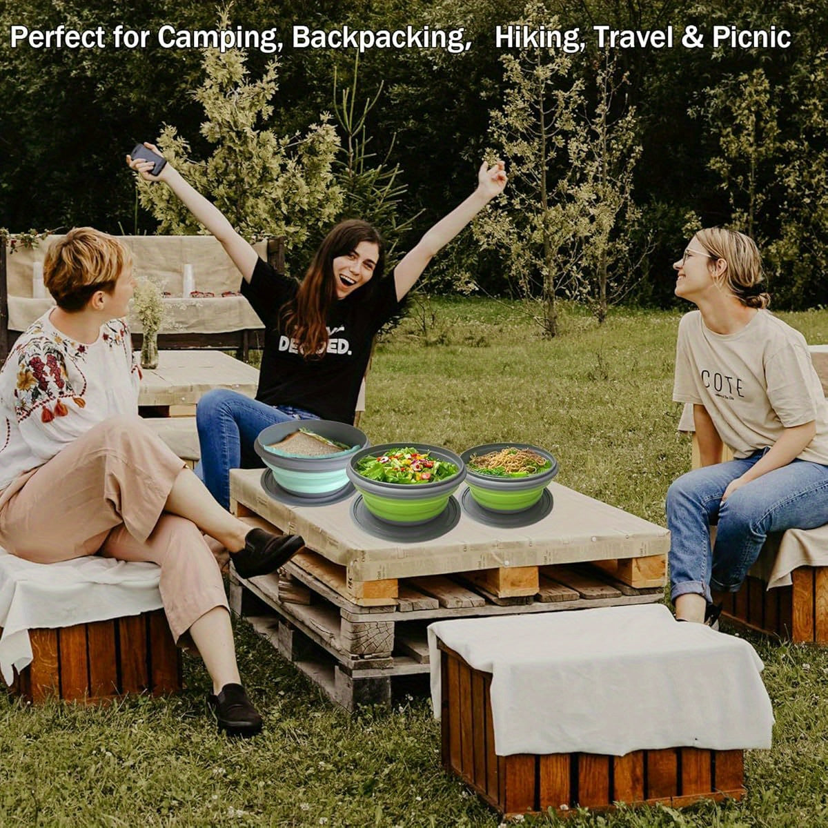 Foldable Camping Bowls with Lids 3-Pack – Collapsible Silicone Food Containers, Rust-Proof PP, Folding Utensils & Storage Bag Included | Stackable Camp Kitchen Bowls | Blue & Pink