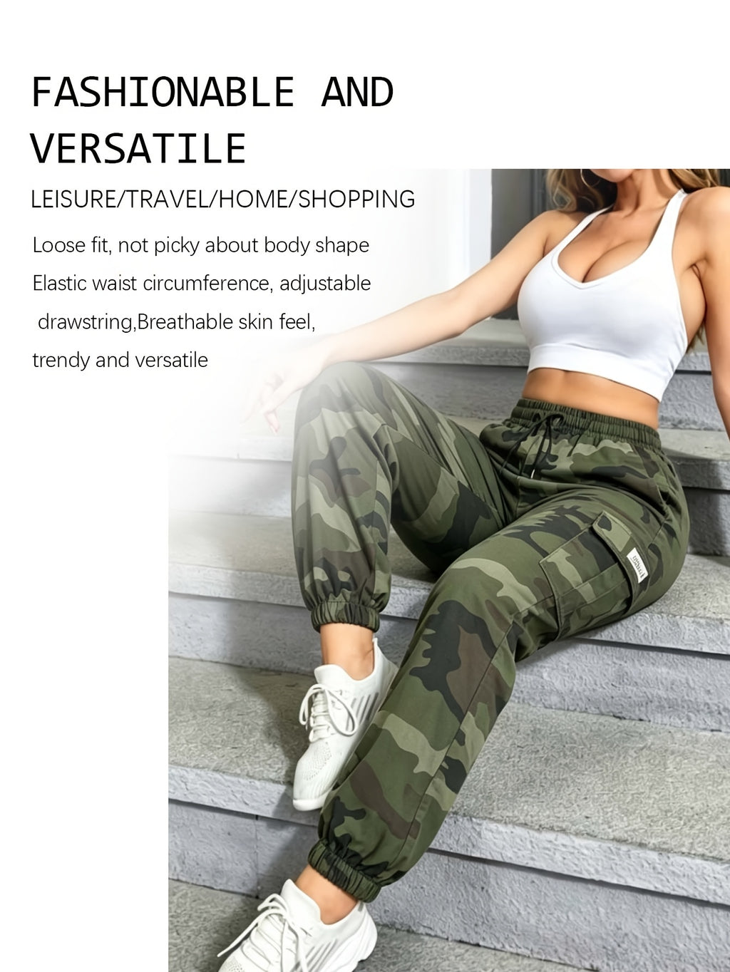Women's Camo Cargo Pants Lightweight Breathable Hiking Camping Outdoor Long Pants Elastic Waistband Camouflage Trousers Summer Travel Casual Wear XS-XXL