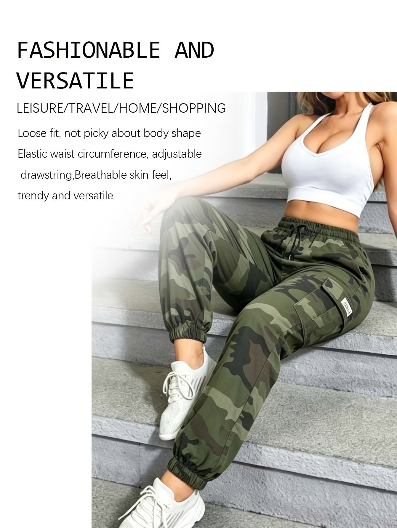 Women's Camo Cargo Pants Lightweight Breathable Hiking Camping Outdoor Long Pants Elastic Waistband Camouflage Trousers Summer Travel Casual Wear XS-XXL