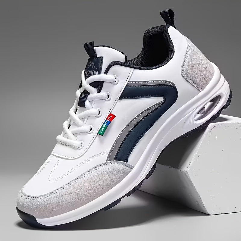 Men's Fashion Sneakers Lace-Up Non-Slip Soft Sole Casual Running Shoes PU Leather Comfortable Outdoor Athletic Footwear
