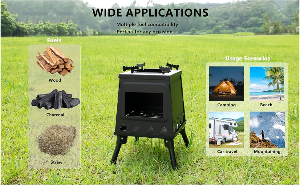Wood Burning Camp Stove Portable Heavy Duty Outdoor Campfire Stove Sturdy Legs Air Vents Firewood Charcoal for Hiking Backpacking Picnic BBQ Travel