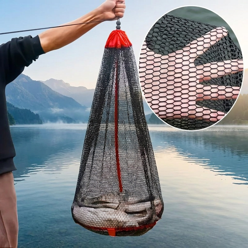 Portable Nylon Fishing Net Bag Mesh Fish Collection Cage – Lightweight Easy-Carry Handle for Fishing Snorkeling Gear Storage Black Red