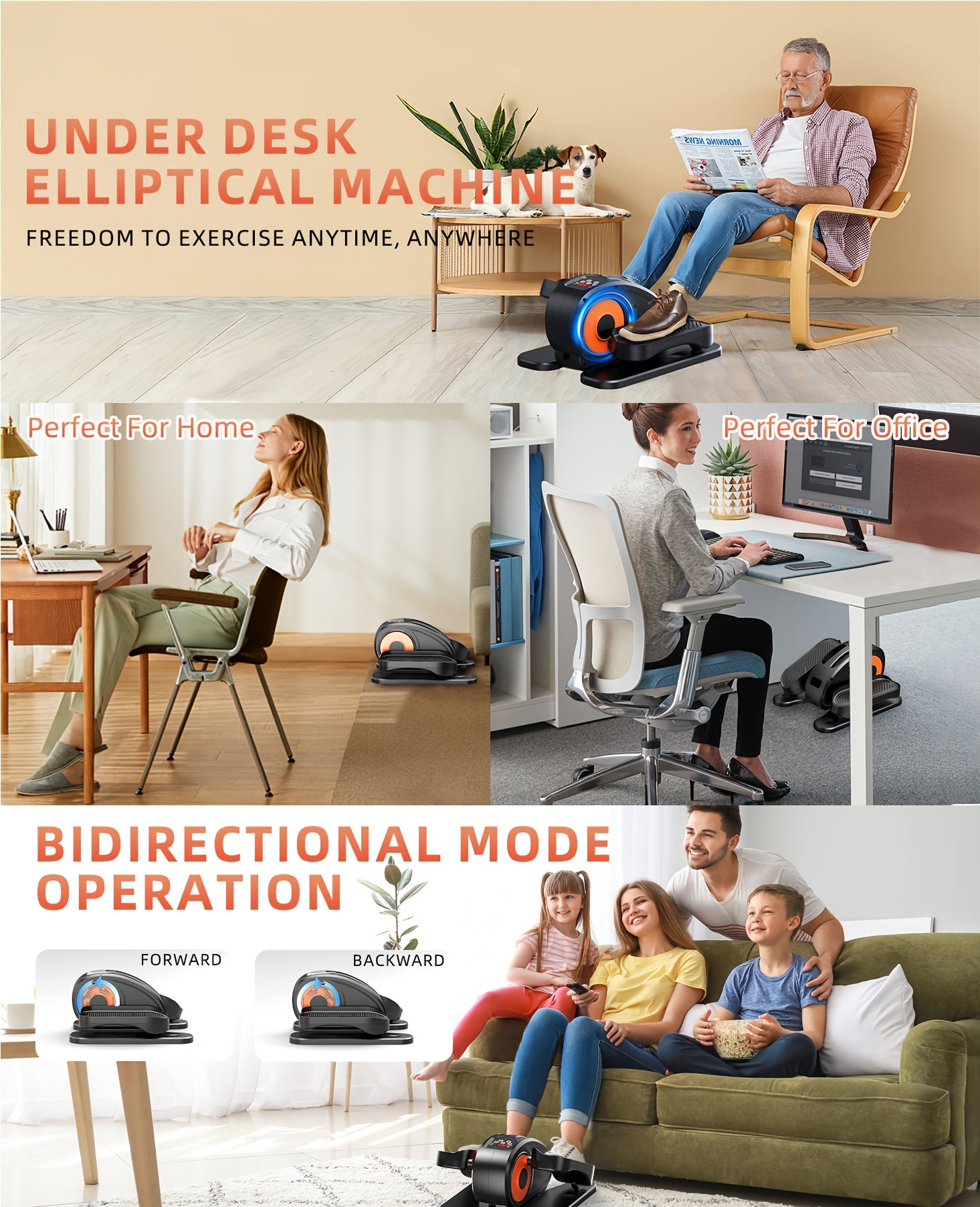 Under Desk Elliptical Machine Fully Assembled, Quiet Portable Seated Pedal Exerciser with Remote Control & 12 Adjustable Speeds for Home Office Workout, Mini Elliptical Foot Pedal Machine