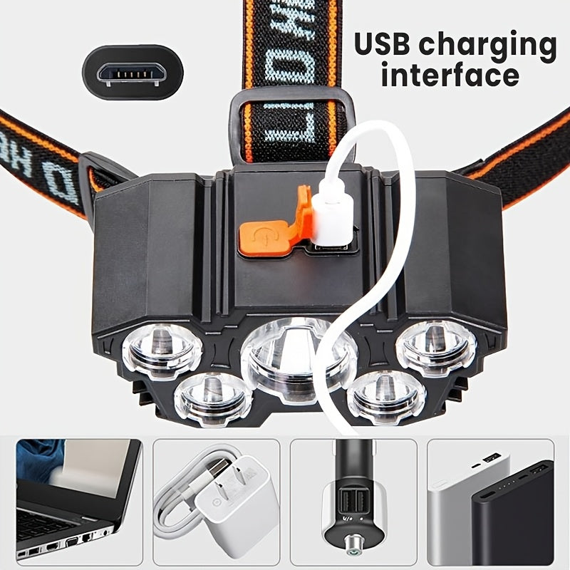 2-Pack USB Rechargeable LED Headlamp 5-LED 4-Mode IP44 Waterproof Hands-Free Head Light for Camping Hiking Night Running Car Repairs Outdoor Work Emergency