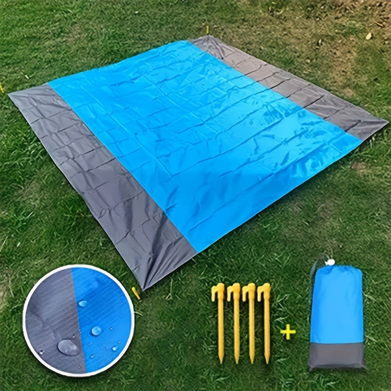 Sandproof Beach Blanket Foldable Mat with 4 Corner Stakes – Lightweight Portable Outdoor Blanket for Beach, Camping, Hiking, Travel & Picnic