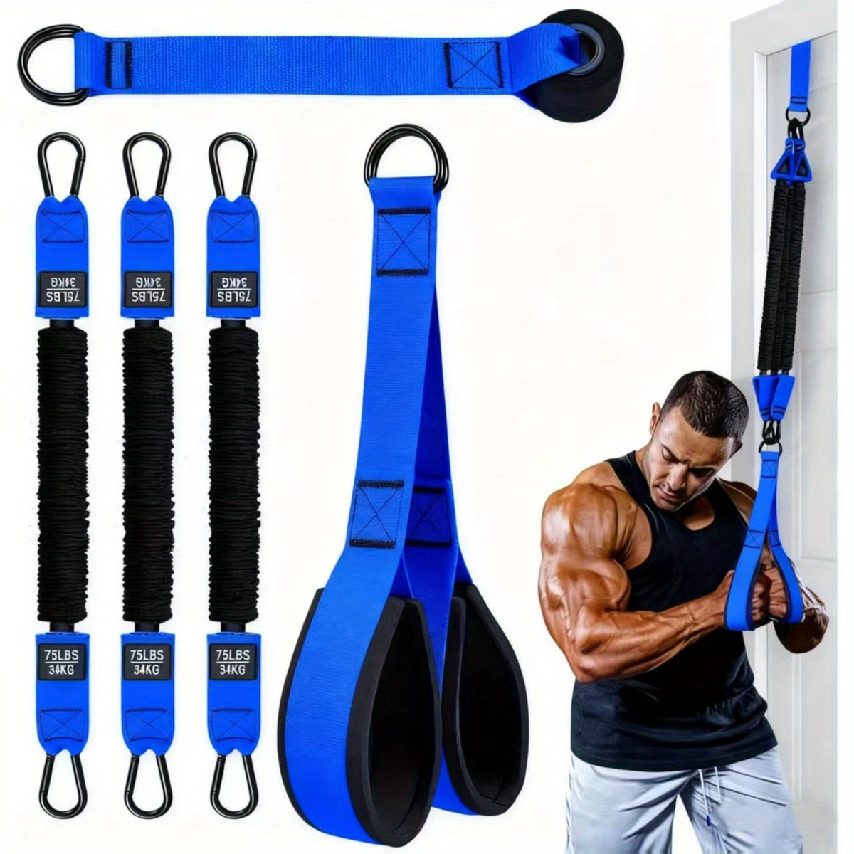 Resistance Bands Set 5-Piece 225lbs Heavy Duty Latex with Door Anchor Handle – Lat Pulldown Face Pull Bicep Curl Tricep Pushdown Shoulder Press Seated Row Home Gym Cable Machine Alternative for Men Women Black Blue Yellow