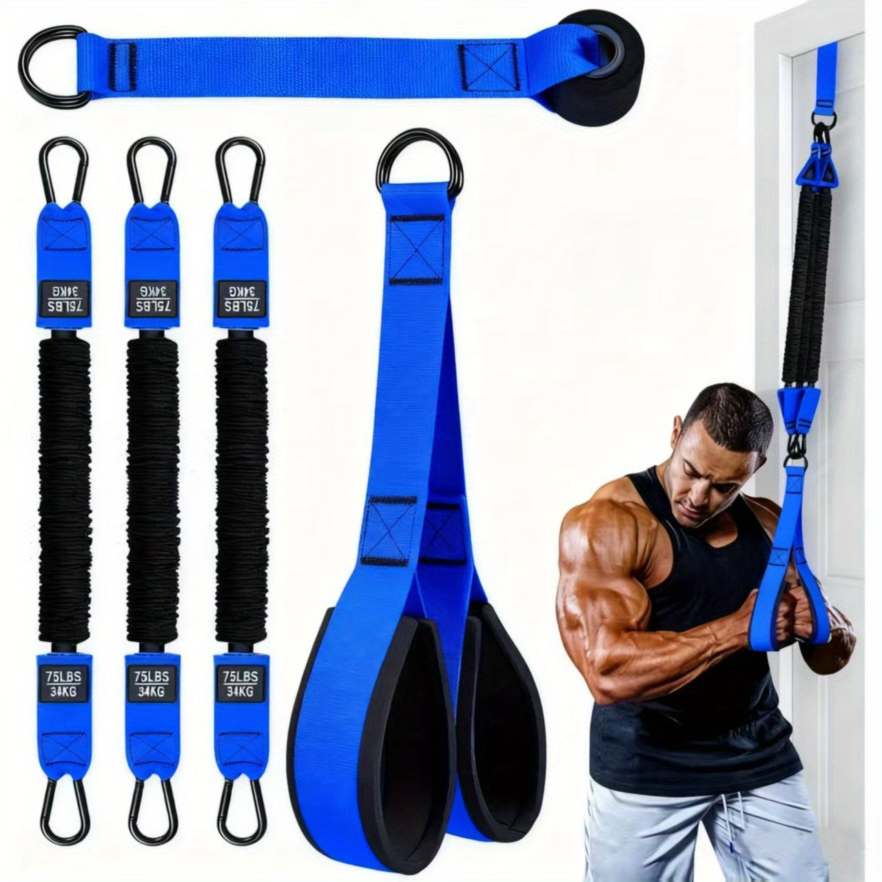 Resistance Bands Set 5-Piece 225lbs Heavy Duty Latex with Door Anchor Handle – Lat Pulldown Face Pull Bicep Curl Tricep Pushdown Shoulder Press Seated Row Home Gym Cable Machine Alternative for Men Women Black Blue Yellow