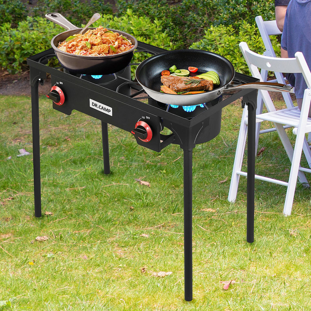 Heavy Duty Propane Camping Stove Cast Iron Burner with Detachable Legs – Single & Double Burner Outdoor Gas Cooker for Camping BBQ Patio Survival Cooking & Tailgating