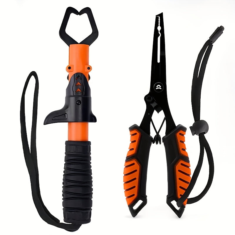 Fishing Pliers & Fish Gripper Combo Set – Stainless Steel Hook Remover, Line Cutter, Spring-Loaded TPR Handle, Saltwater & Freshwater Fishing Tools