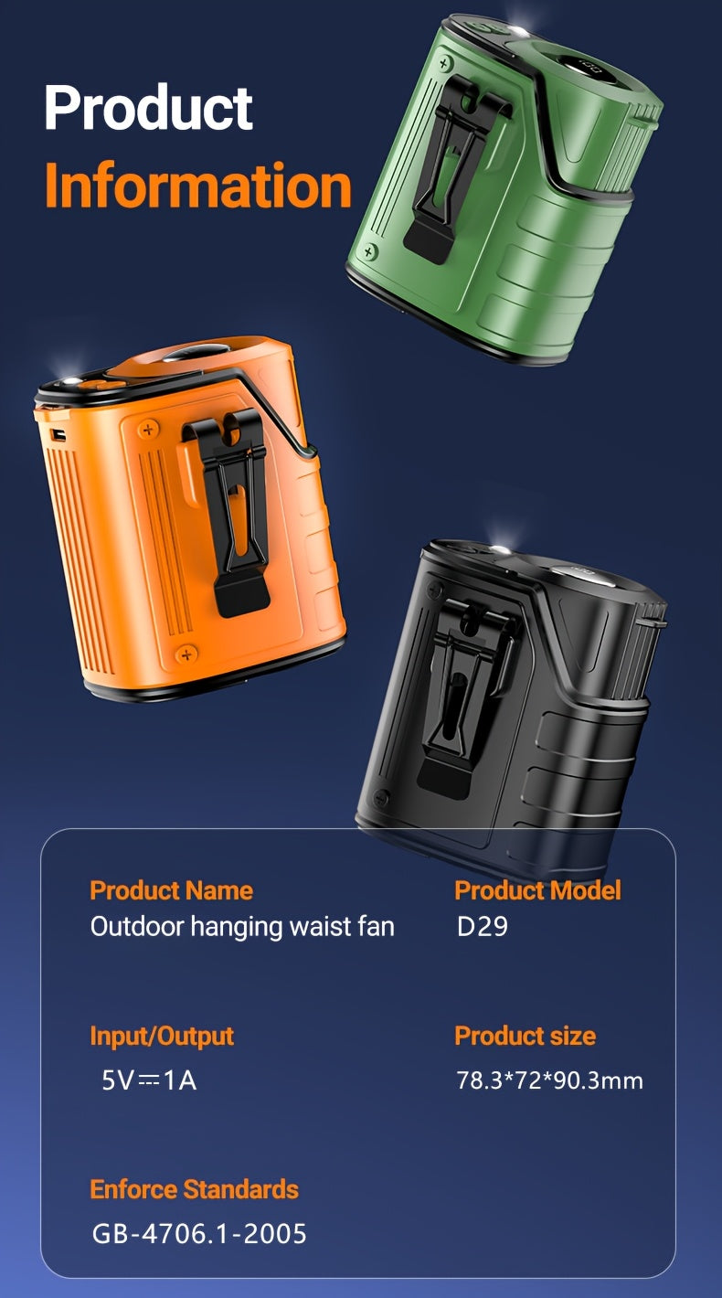 Wearable Fan 4-in-1 Waist & Neck Mounted with Flashlight & USB Charger 3600mAh Rechargeable – Hands-Free Portable Fan for Outdoor Camping Hiking Work