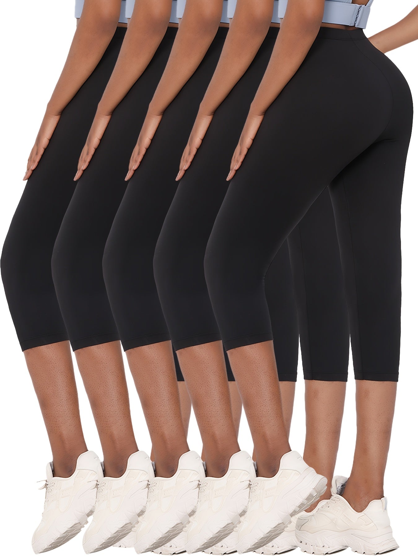 Women's Capri Leggings 5-Pack High Elastic Non-See-Through Athletic Workout Pants - Squat Proof Yoga Running Gym Capris - Soft Stretch Knit Solid Color XS S M L XL XXL Spring Summer Fall