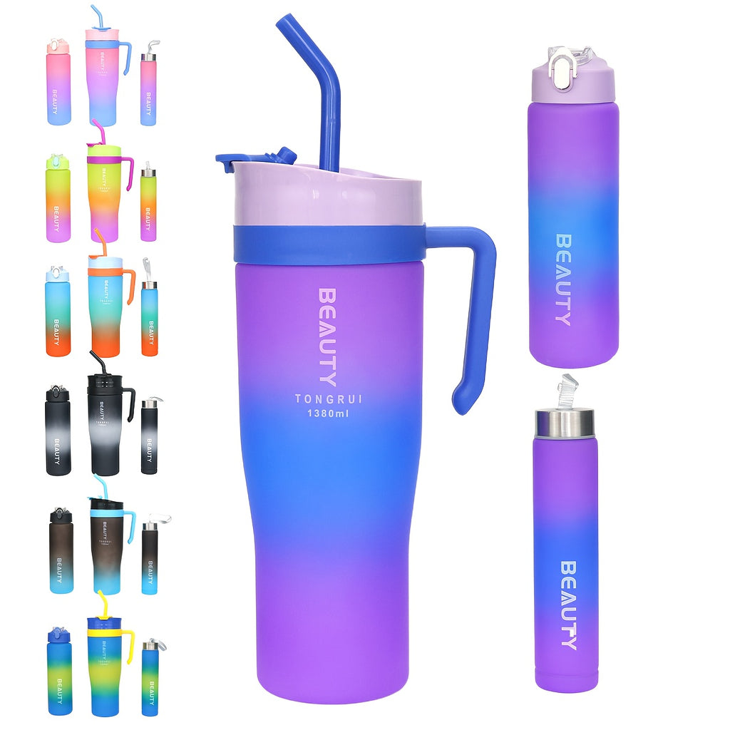 3-Piece Gradient Plastic Water Bottle Set with Straw 1380ml 800ml 280ml – Leakproof Portable Sports Cups for Car Gym Outdoor Fitness Travel