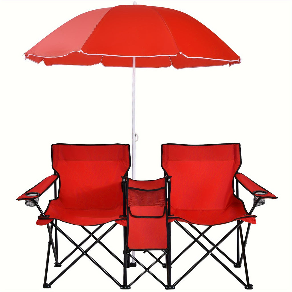 2-Person Folding Beach Chair Set with Umbrella, Table & Cooler Bag – 600 lb Capacity Portable Camping & Picnic Chair Set for Outdoor, Beach & Tailgate